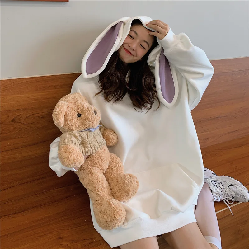 

2021 New Independent Sweatshirt Women's Kawaii Cute Girl Rabbit Ear Hoodie Solid Color Mid-length Loose Jumper In Spring/autumn