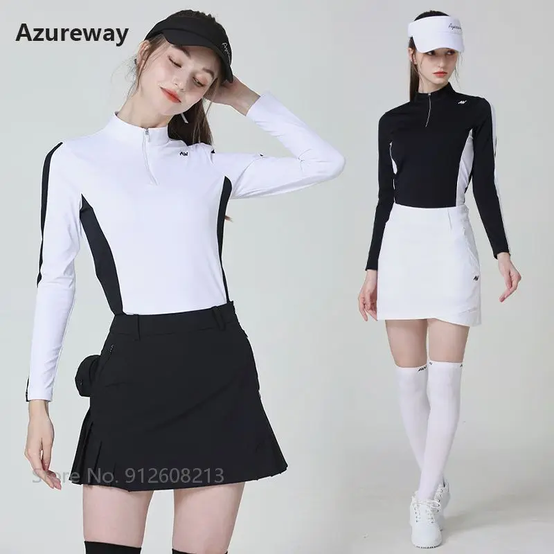 

Женская рубашка для гольфа Azureway на молнии с воротником, женские осенние облегающие Топы с длинным рукавом, Женская плиссированная юбка, ком...