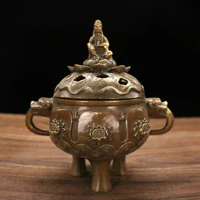 7chinese folk collection old bronze lotus guanyin bodhisattva animal head binaural three legged incense burner gather wealth