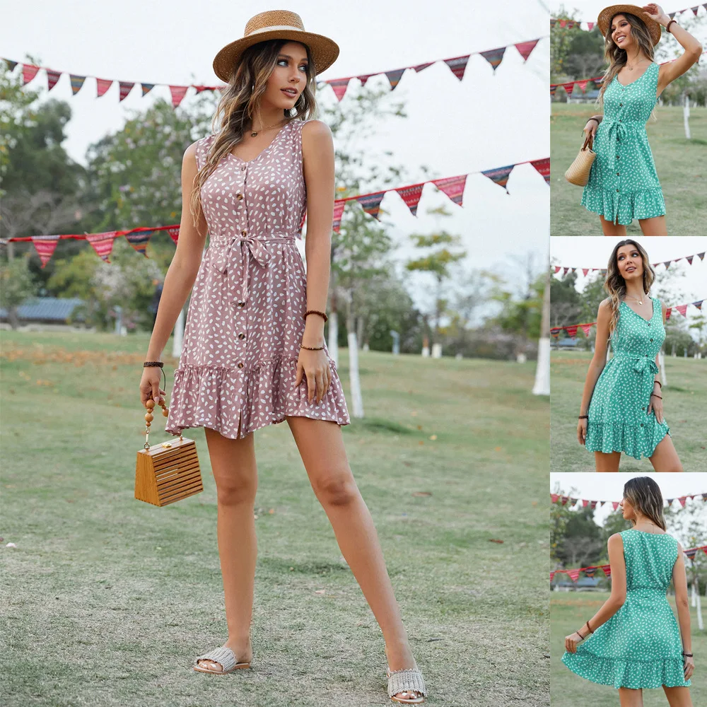 

Хлопковое платье-майка без рукавов с завязкой на талии для пляжного курортного женского платья