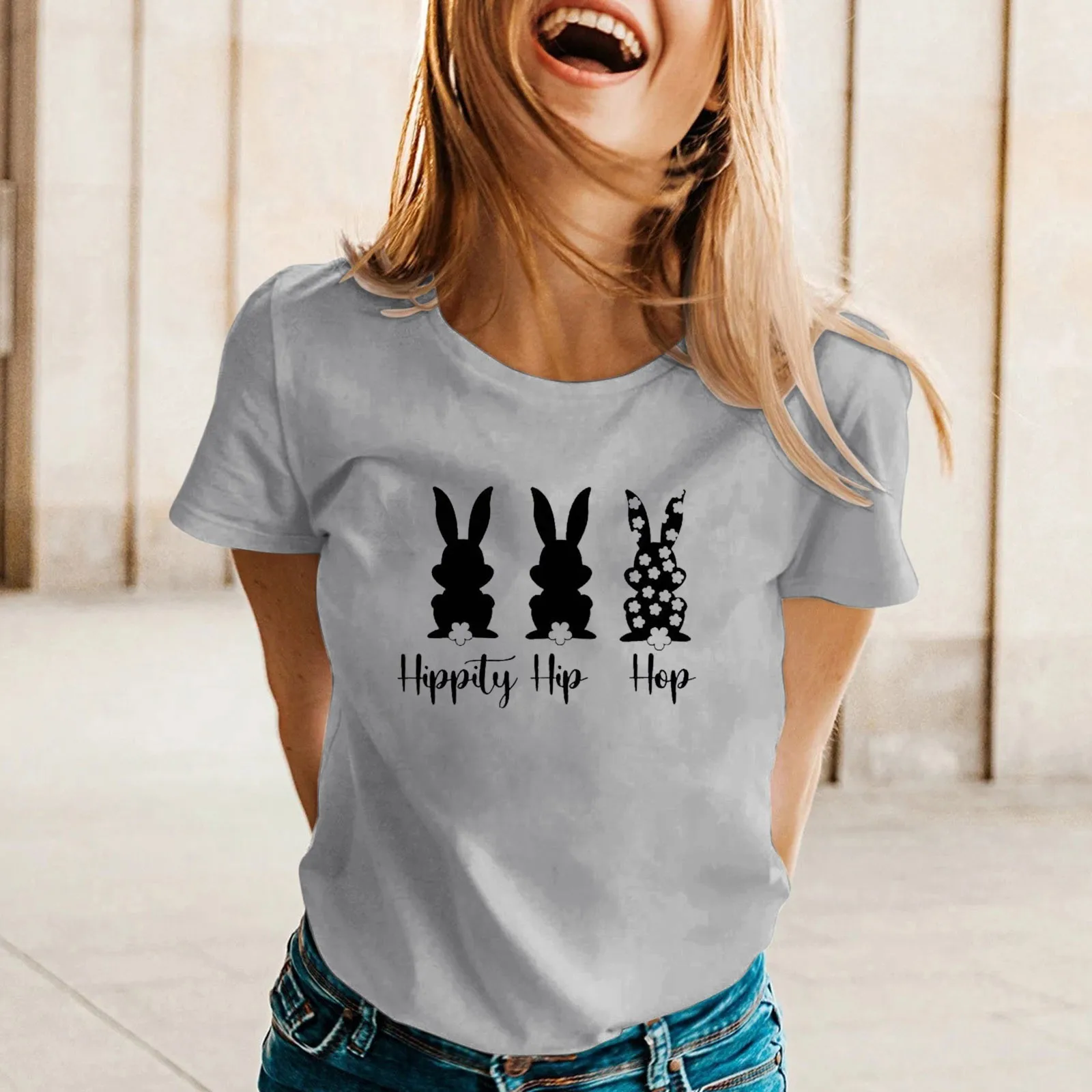 

Womens Spring Summer Easter Printed Short Sleeve O Neck T Shirt Dark Fitness Shirt Loose Streetwear Korean version