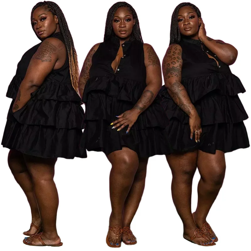 Plus Size 5xl Loose Dresses Women Summer Wholesale Solid Sleeveless Buttons Ruffle Casual Knee Length Mini Dr 3xl 4xl 5xl 6xl