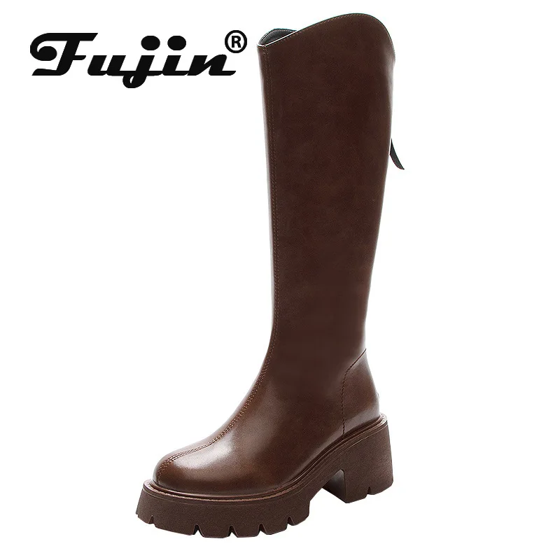 

Fujin 7cm Microfiber Leather Women Spring Thick Soled Winter Fashion Autumn Plush Knee High Platform Hidden Heel Booties Shoes