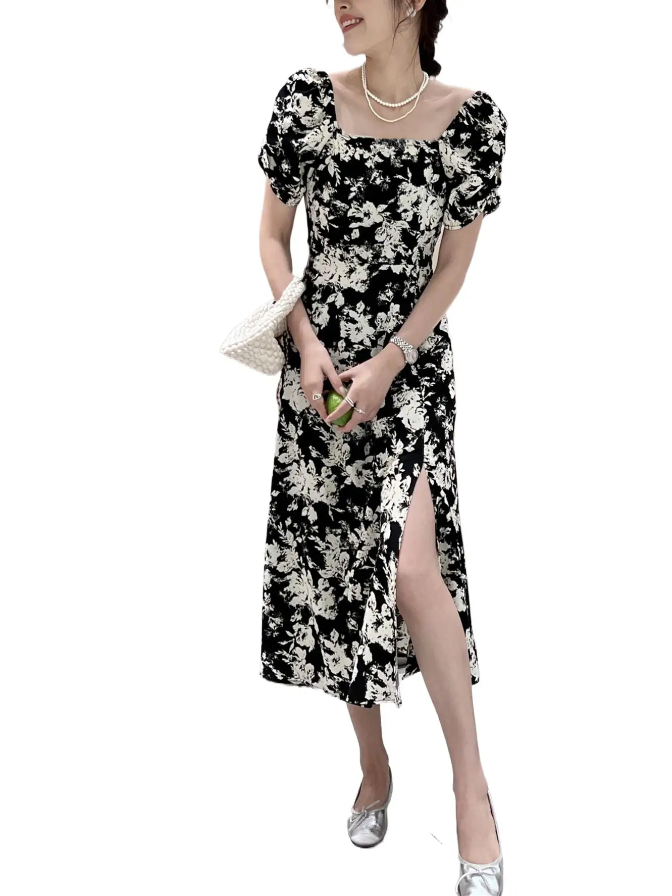 

Женское шифоновое платье с квадратным вырезом, длинное Привлекательное платье до середины икры с высоким разрезом, рукавами-фонариками и принтом, лето