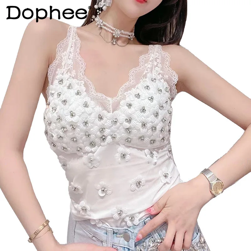 

Chic Beads Lace Black Vest for Women 2022 Summer New Slim-Fit Sweet Three-Dimensional Flower Sleeveless Beauty Back Camisole Top