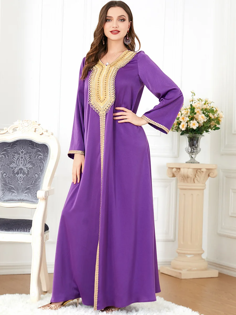 

Embroidery Appliques Satin Abaya Muslim Arabic Dress Loose Party Evening Moroccan Kaftan Dubai Saudi Ramadan Eid Jalabiya Purple