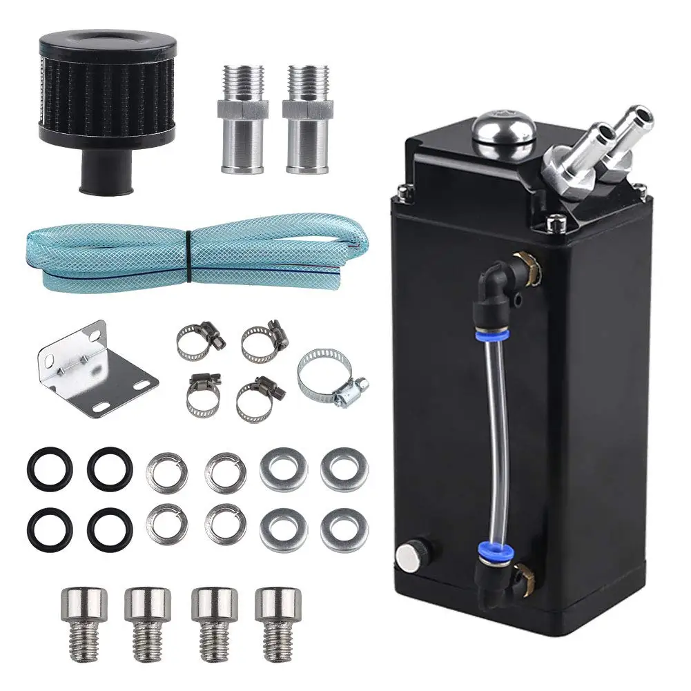 

Universal Engine Shape Oil Catch Can Square Aluminum 2-Ports Oil Tank Reservoir With Air Filter and SILICONE HOSE Accessories