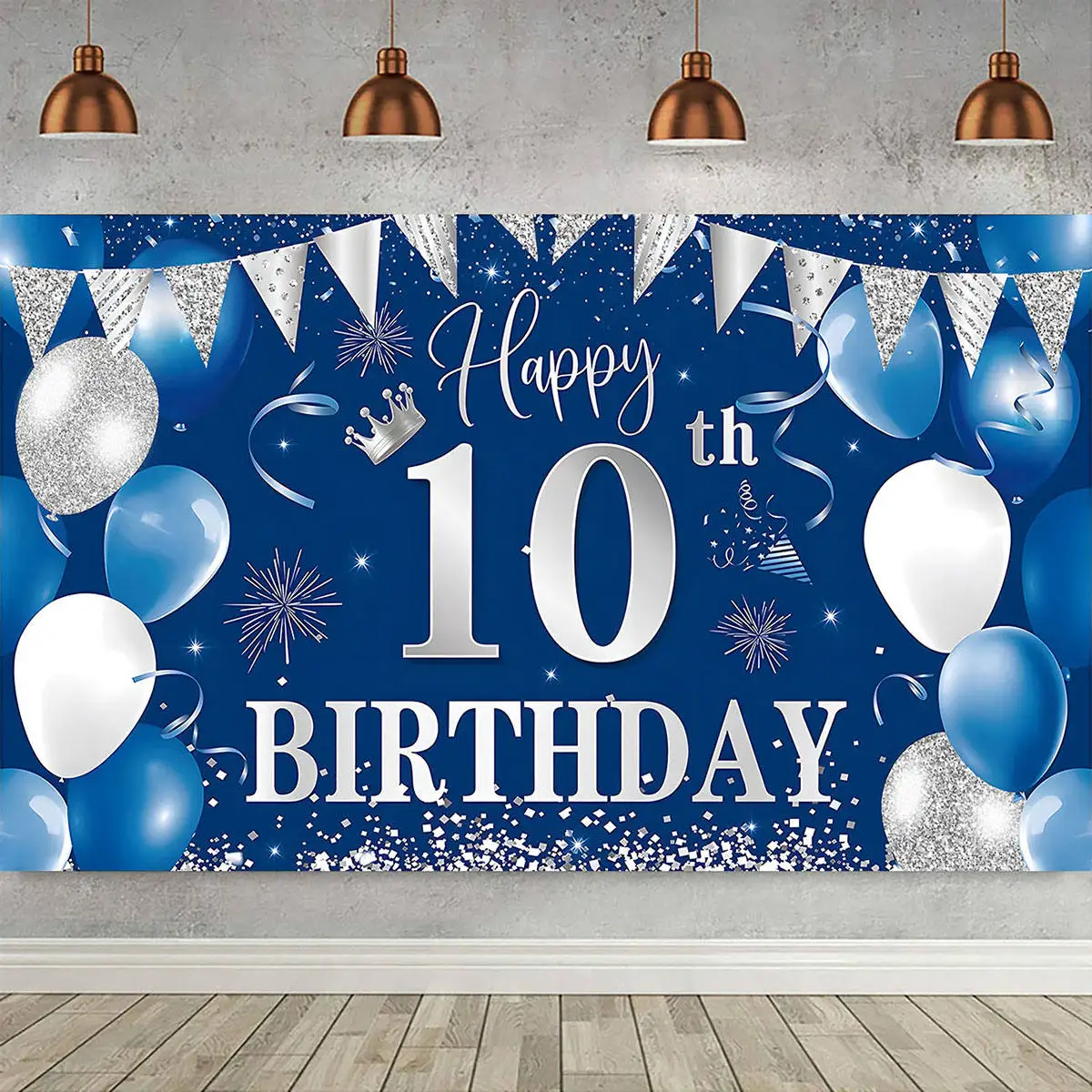 

Happy 10th Birthday Party Decoration Banner Backdrop for Women Men Ten 10 Years Old Crown Glitter Sequin Balloon Blue Background