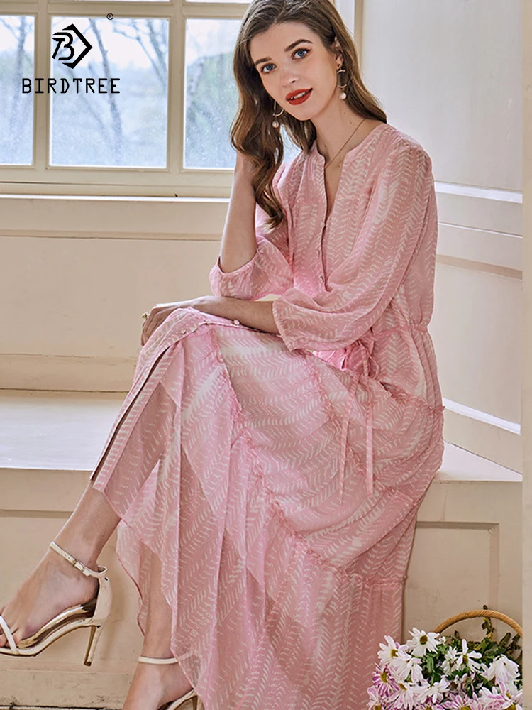 Birdtree 100%Real Silk Women Maxi Dresses V Neck Belted Long Beach Office Workwear Shirt Dress 2023 Autumn Summer Pink D36754QC