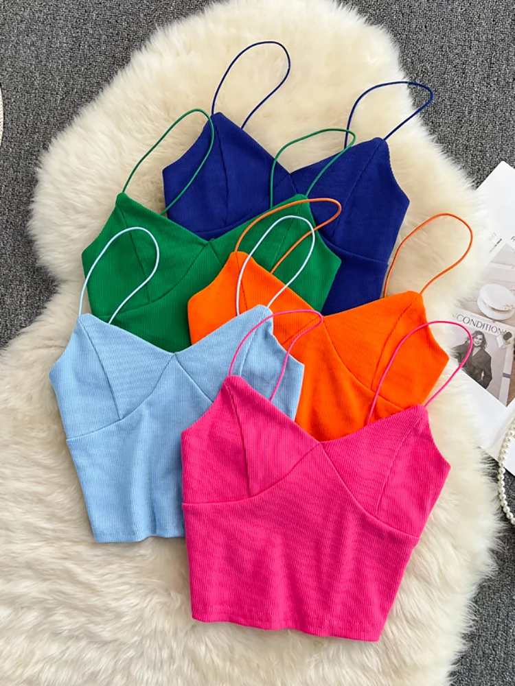 

HELIAR женские трикотажные укороченные топы спагетти Camis для женщин 2022 Весна и лето v-образным вырезом без рукавов