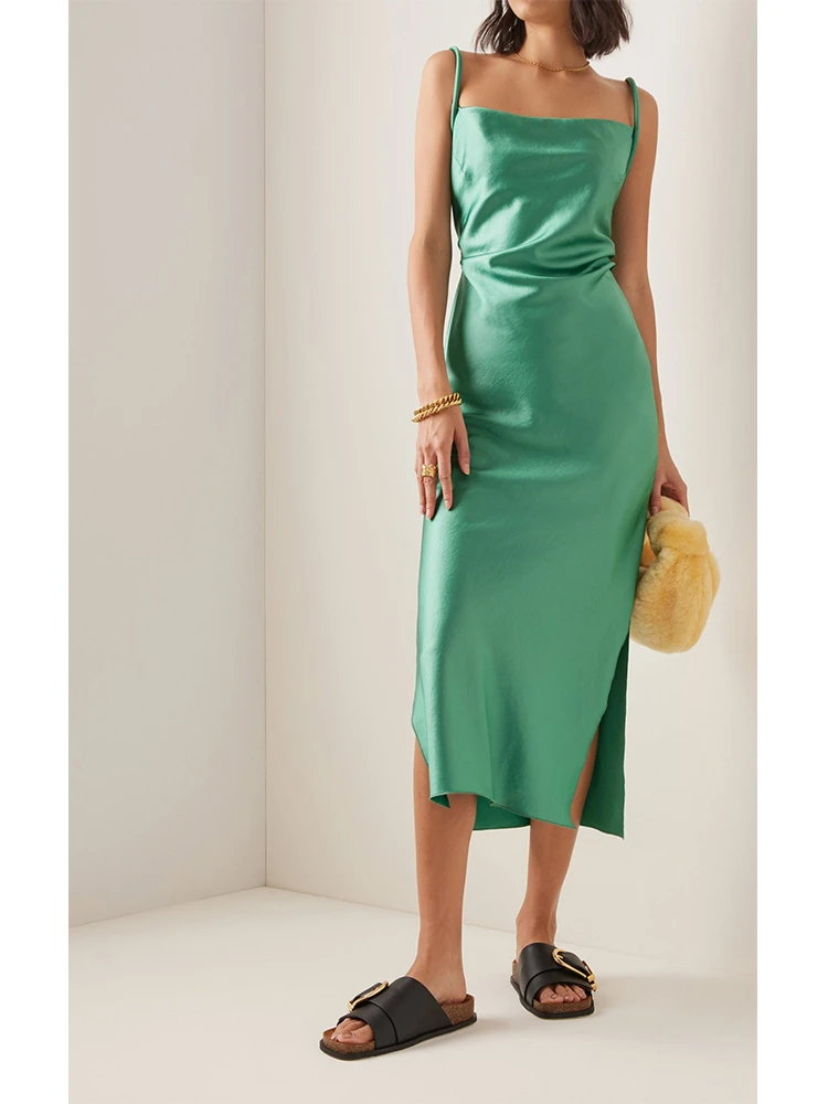 

Весна-лето 2022, новое дизайнерское атласное женское платье миди Nanush на бретельках с разрезом сбоку и открытой спиной, нишевой стиль, Прямая п...