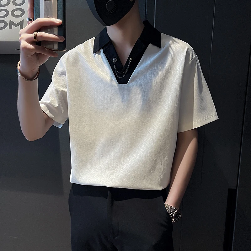 

Новинка 2023, роскошная мужская одежда, рубашки поло, летняя повседневная футболка с коротким рукавом, рубашка поло с отложным воротником на м...