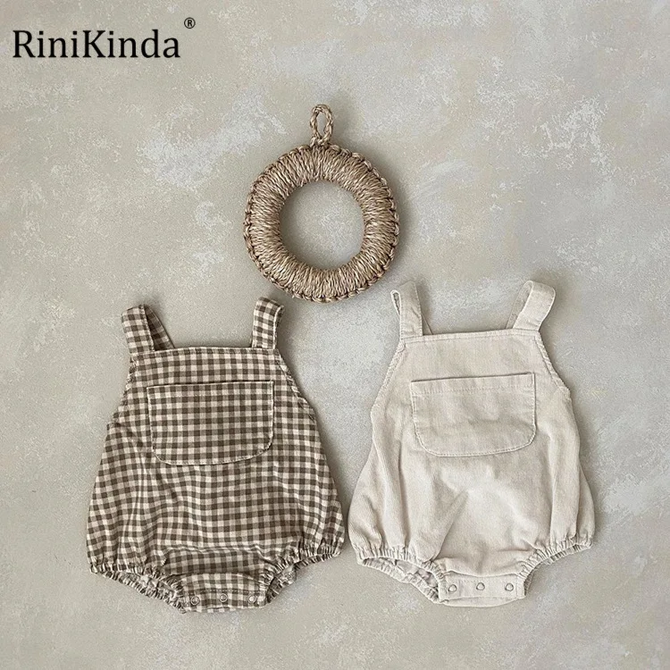 

RiniKinda 2022 Autumn Infant Baby Girls Plaid Jumpsuit Outfit Solid Color Ruched Casual Sleeveless Suspender Rompers