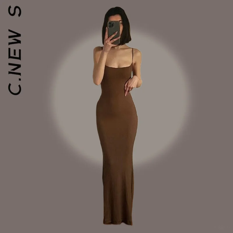 

C.New S Dress Fashion Women Strap Backless Long Maxi Dresses Chic Basic Streetwear Cheap Club Dresses Woman Vestidos Female