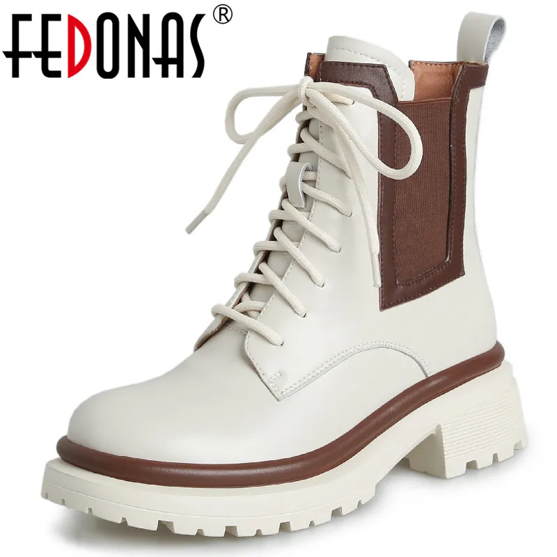 

FEDONAS Fashion Women Ankle Boots Platforms Outdoor Leisure Thick Heeled Mixed Colors Genuine Leather Shoes Woman Autumn Winter