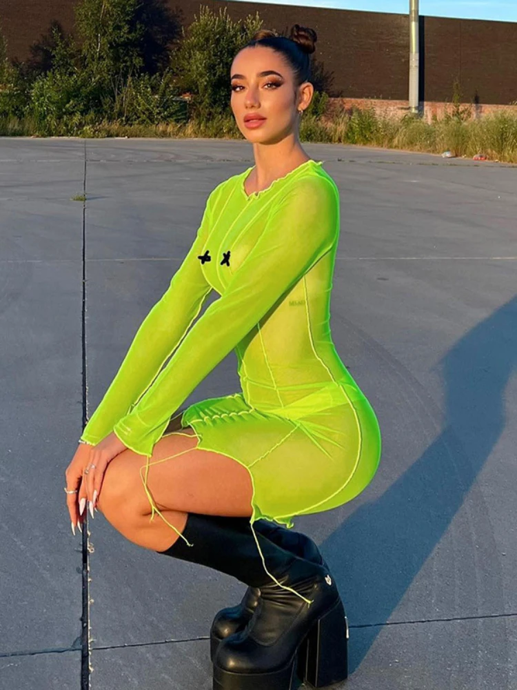 

Sunny y.j. Streetwear Ruffled Hem Crew Neck Long Sleeve Mesh See Through Sexy Tassel Bodycon Dress Summer Dresses for Women 2022