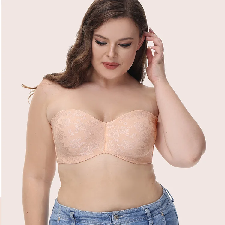 

Jacquard Seamless Strapless Gathered Anti-skid Large Bra with Large Breast and Small Side Breast Plus Size Bra