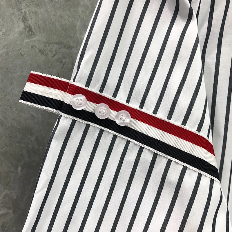TB THOM Men's Shirt Top Fashion Brand Striped Armband Short Sleeve Slim Casual Summer Men's Clothing Poplin Cotton Unisex Shirts