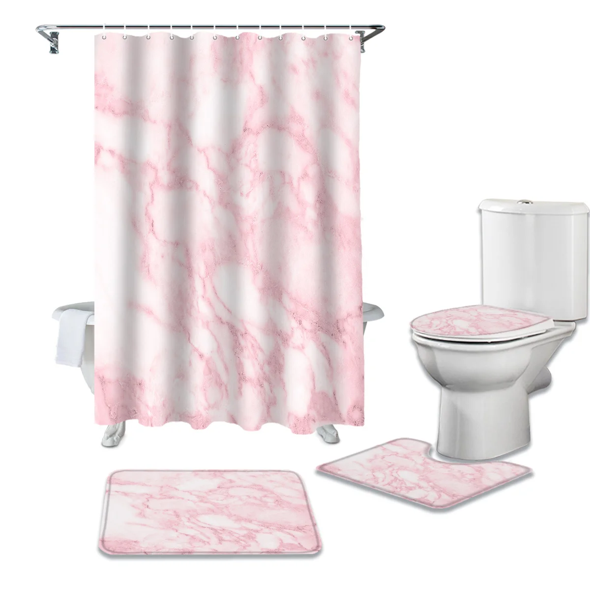 

Набор розовых мраморных занавесок для душа, ковер, крышка для туалета, коврик для ванной комнаты, домашний