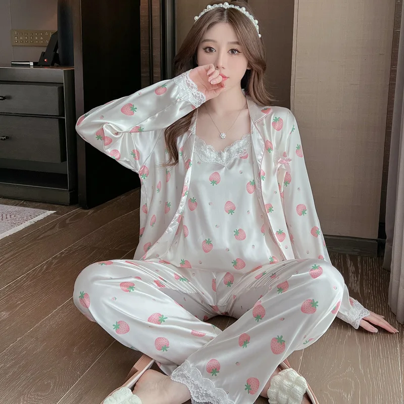 Pajamas Women's Spring and Autumn Winter Ice Silk Long Sleeve Sling Sexy Three Piece Set Real Silk Home Clothes Summer