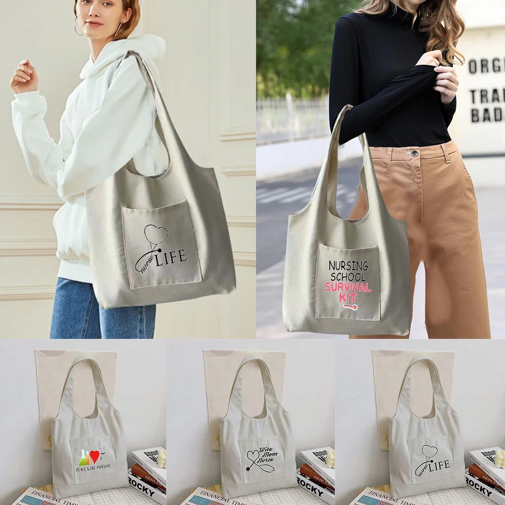 

women shopper Organizer Bag Canvas Tote Bag Fashion Nurse Print Shoulder Bag Reusable Supermarket Tote Shopping Bag Casual