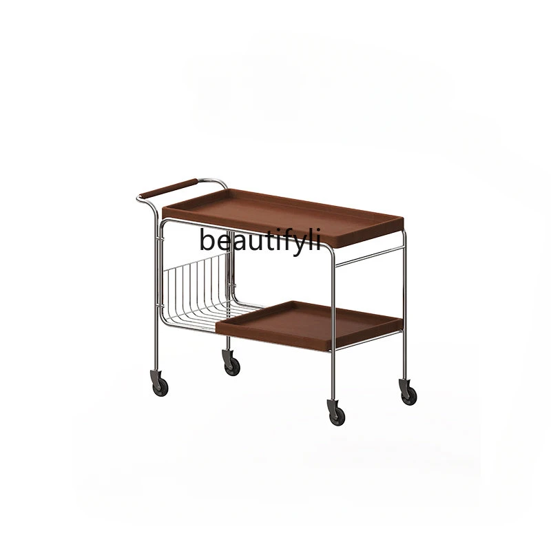 

Tea Trolley Solid Wood Sofa Side Table Retro Japanese Style Movable Tea Table