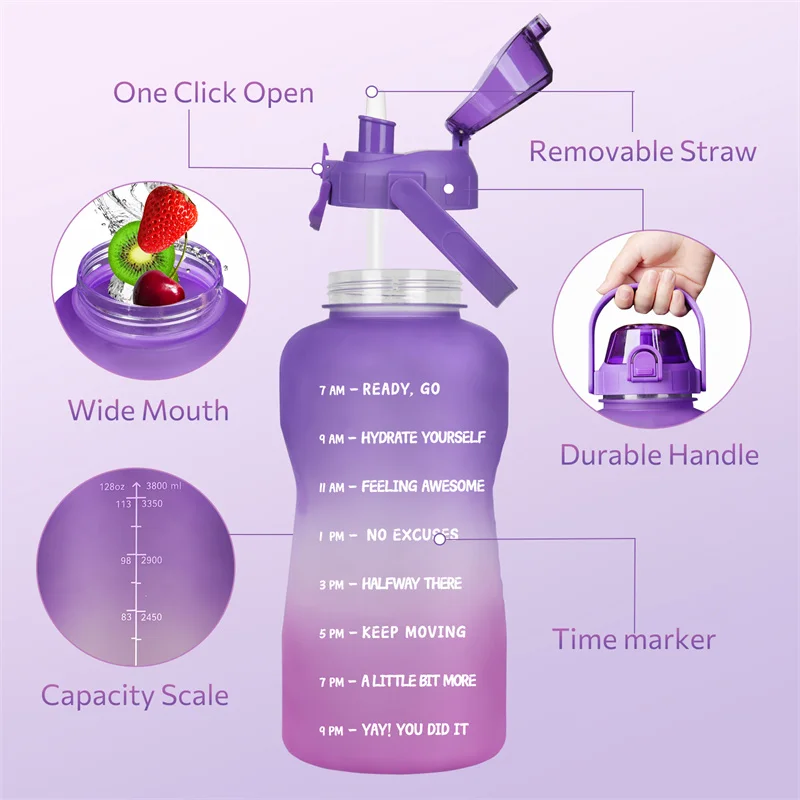 

Gallon sports water bottle Straw 2-liter handle Tritan BPA-free incentive Quote time marker Fitness pot