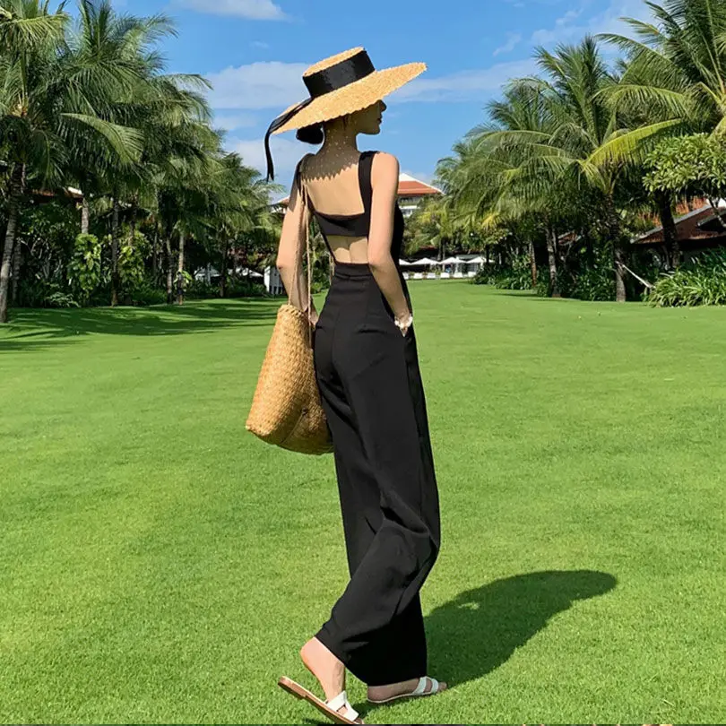 

Women 2022 Summer New Solid Color Sleeveless Jumpsuits Female Sexy Casual Rompers Ladies Loose Wide Leg Pants Jumpsuits E101