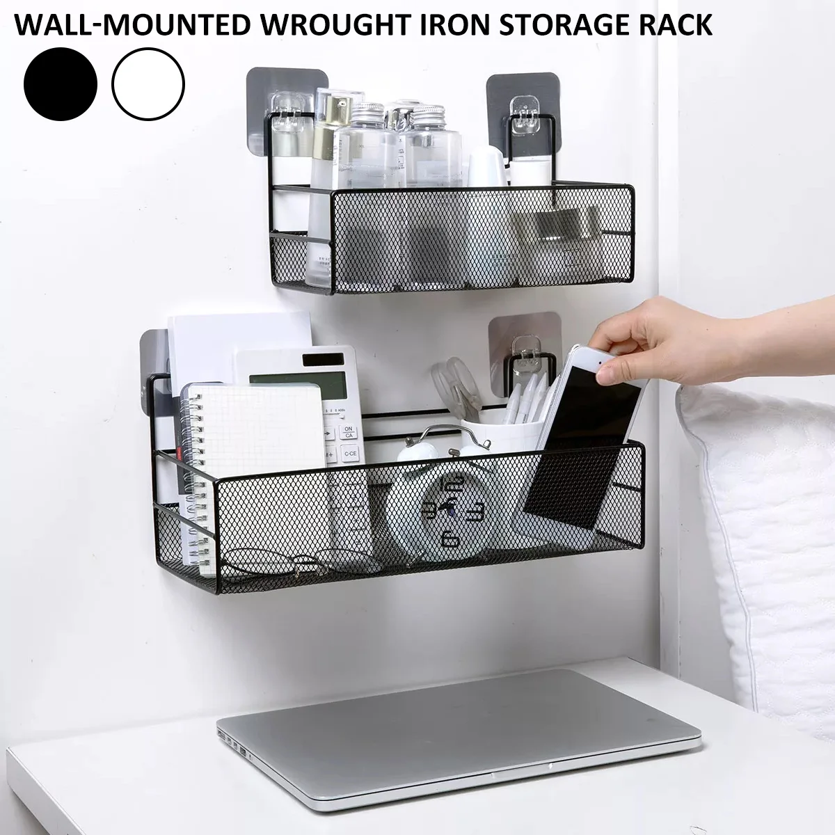 

Настенная стойка с клейким крючком, железная корзина для хранения, корзина среднего и большого размера, полка-держатель, белое, черное прикр...