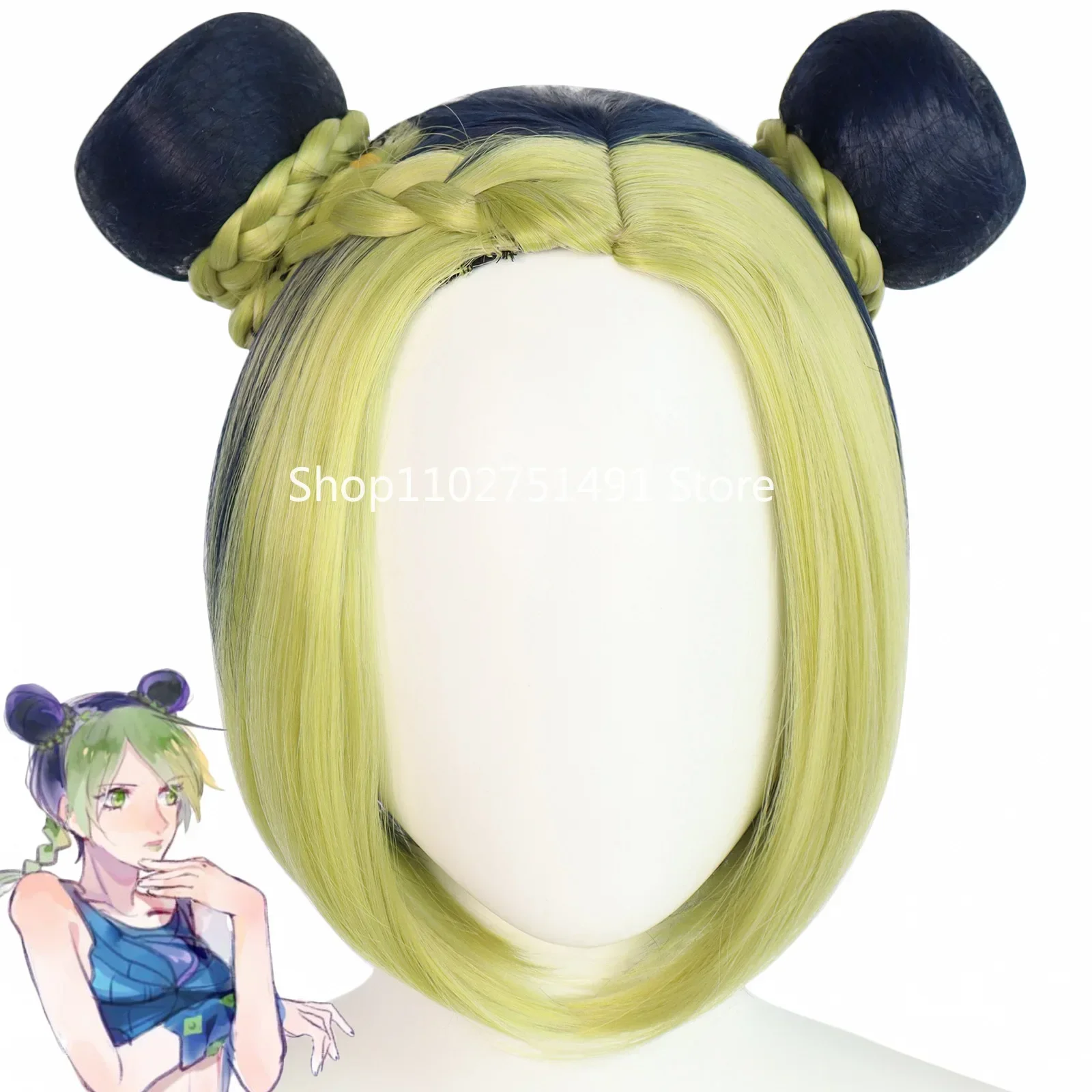 Kujo Jolin Косплей Парик Аниме JoJos Bizarre Adventure Jolyne Cujoh JOJO Парики 40 см Зеленый Желтый