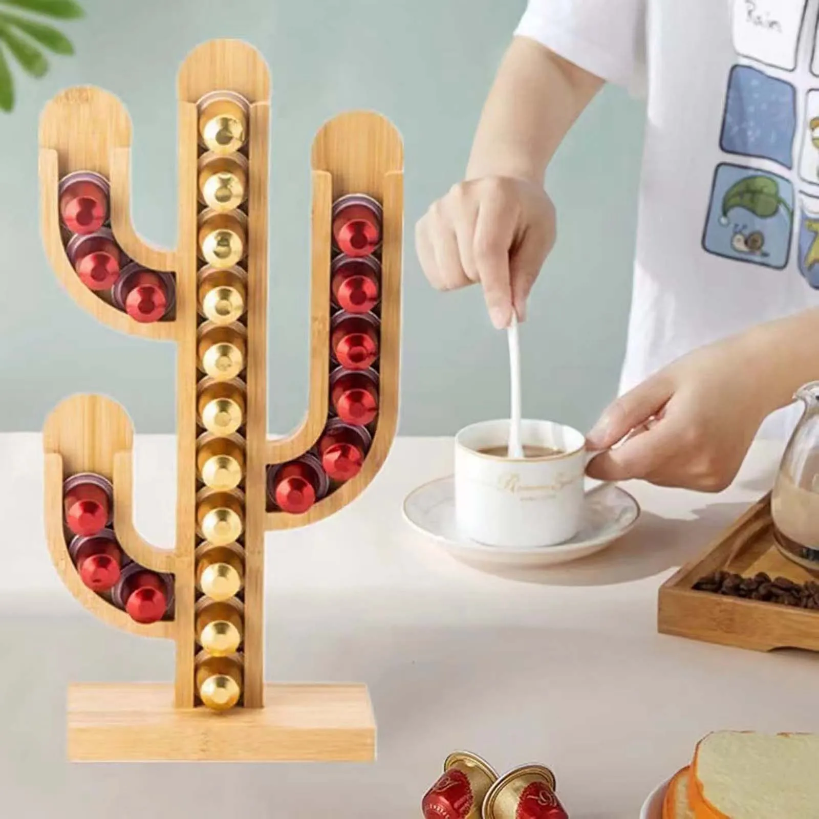 

Modern Simple Coffee Capsule Cactus Shape Can Be Disassembled And Assembled Wooden Coffee Capsule Storage Rack