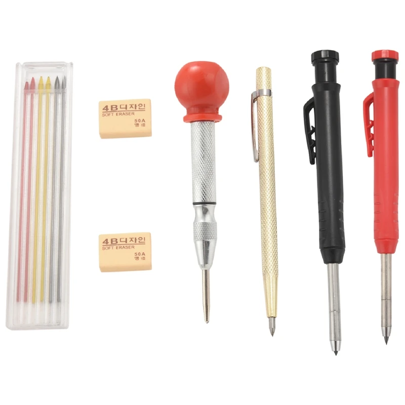 

New Solid Carpenter Pencil With 6PCS Refills Woodworking Scriber Pen Marker Marking Tool Automatic Center Pin Drill Bit