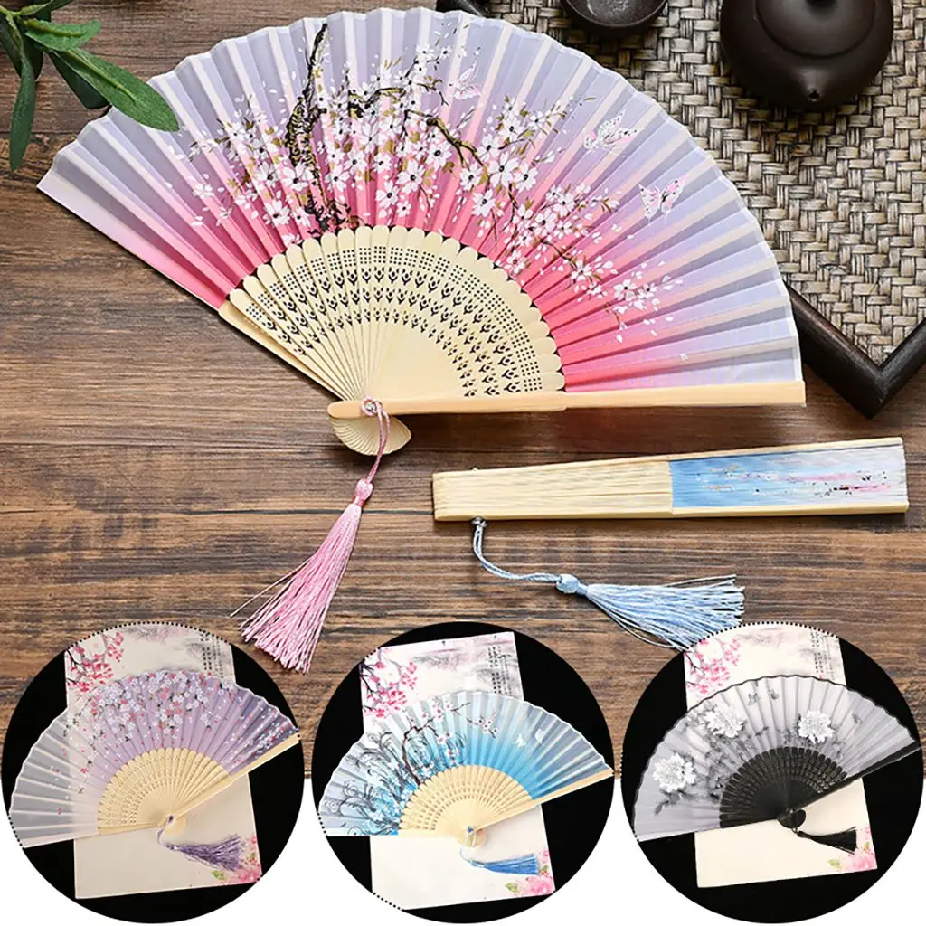 

Vintage Silk Folding Hand Fan Bamboo Chinese Fabric Fan Pattern Art Craft Hand Fan Japanese Decoration Home