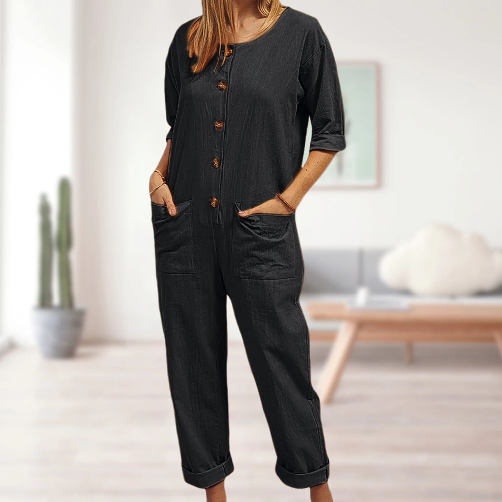 

Solid Color Long Sleeve Jumpsuits Single Breasted Ladies Classic Bodysuits with Pockets Loose Fit Cargo Pants One Piece Suit