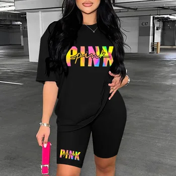 WorCoer Summer Women's Suit 2 Pieces Outfits Print Casual Short Sleeve O-Neck T Shirt Tops Biker Skinny Jogger Suits Tracksuits 1