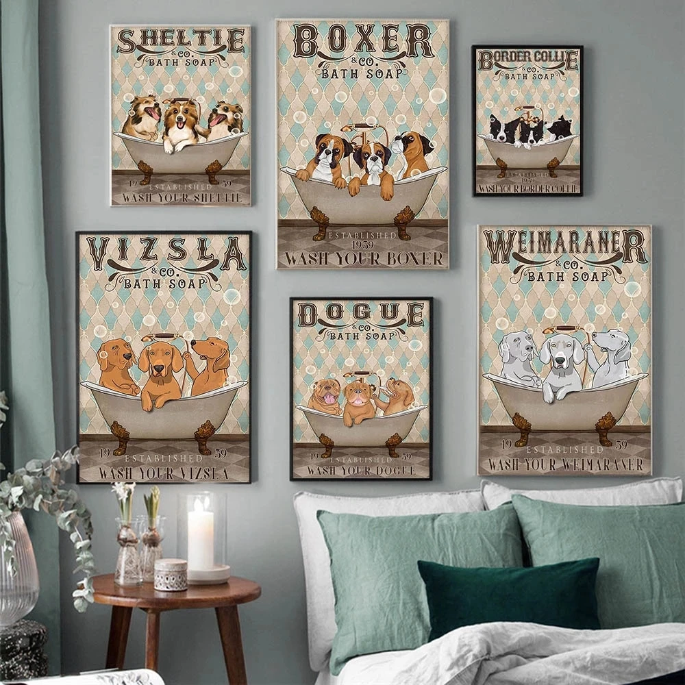 Картина на холсте три собаки в ванной