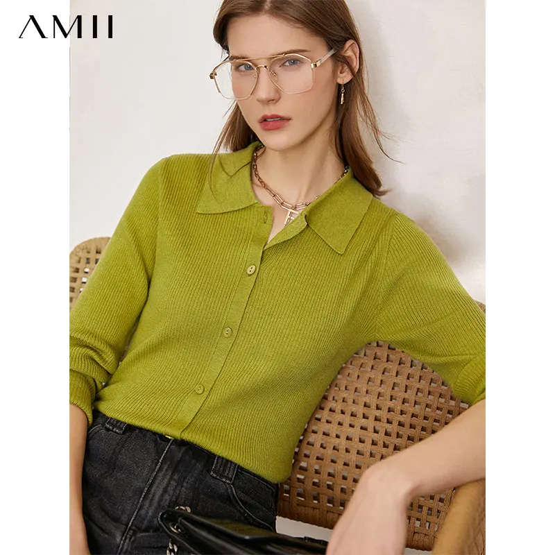 

Amii Minimalism Spring New Causal Polo Women's Sweater Causal Solid Lapel Slim Fit Single Breasted Female Cardigan Tops 12130108
