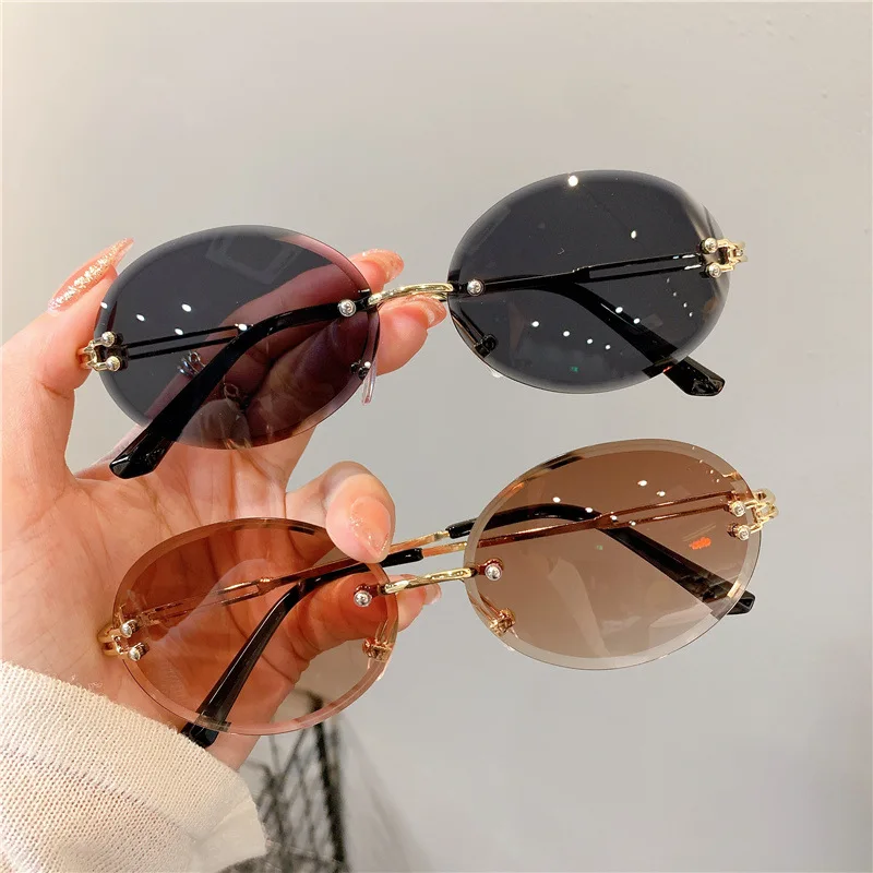 

Trendy Rimless Sunglasses for Women Men Fashion Brand Gradient Oval Lens Eyewear Vintage Black Women's Sun Glasses UV400