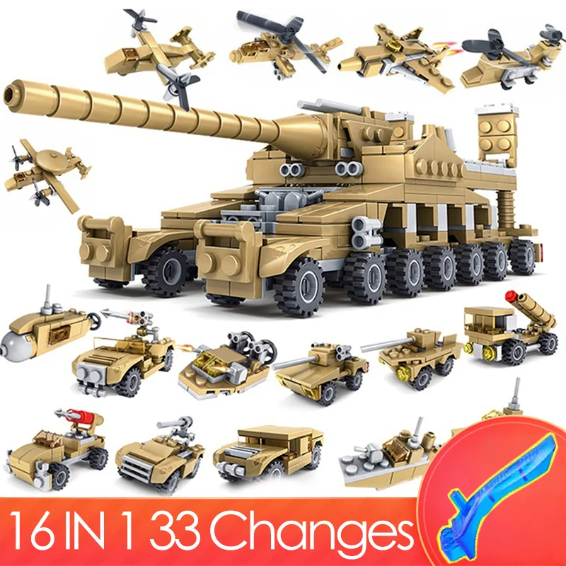 

544pcs 16 In 1 Military Weapons Super Tanks Building Blocks Plane Truck Car Ship Army Bricks Toys for Kids Children