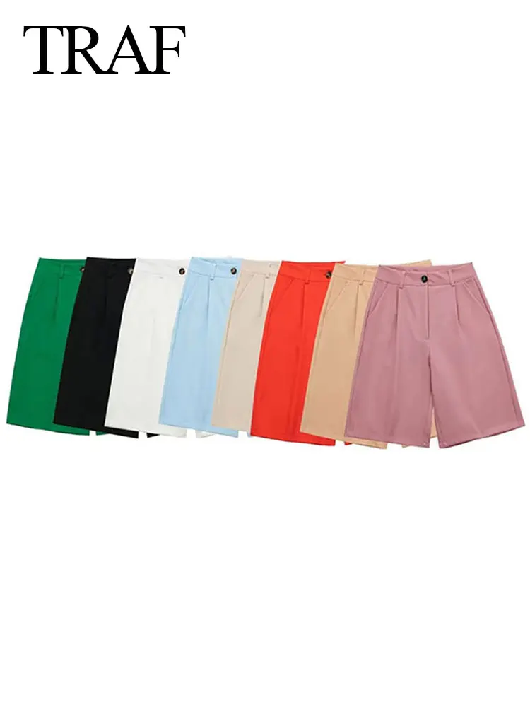 

TRAF Fashion Women's Casual Multicolor High Waist Suit Pants Vintage Solid Color Pants Side Pockets Straight Shorts Pant