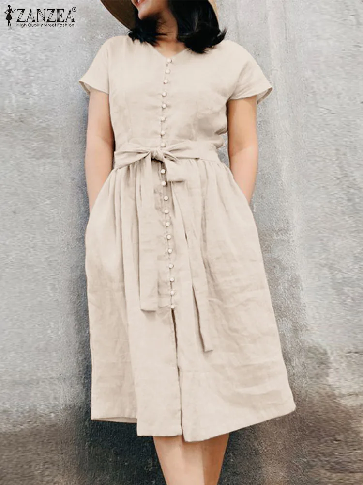 

Платье ZANZEA женское с коротким рукавом, винтажное хлопковое свободное до середины икры, на пуговицах, Повседневный Сарафан с V-образным вырезом