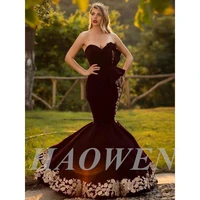 haowen exiquisite burgundy mermaid evening dresses sweetheart neck plus size gold lace appliqued prom gowns sweep train velvet