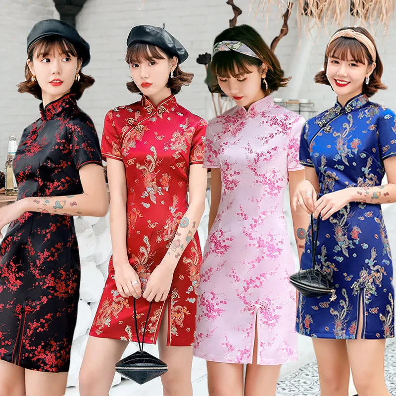 

Chinese Qipao Cheongsam Dragon/Phoenix Embroidery Chinese Traditional Cheongsam for Women Side Slitting Hem Mini Dress Cheongsam