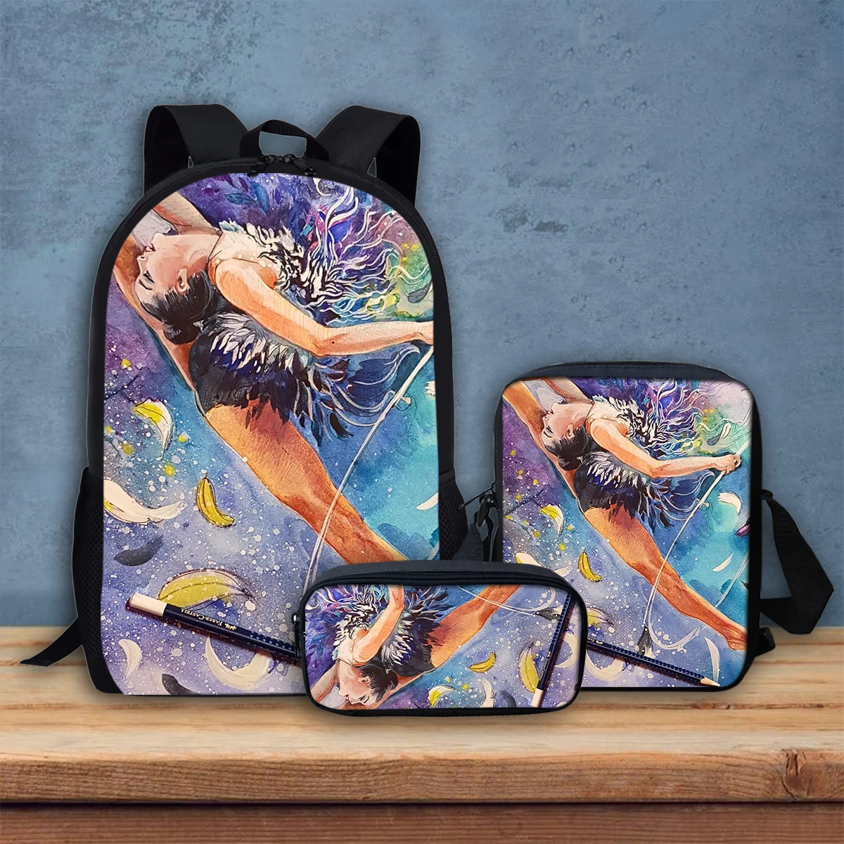 Art Movement Girl Print Shoulder Backpack Fashion Creative Design Kids Crossbody Bag Back to School Stationery Box 3Pcs/Set Gift