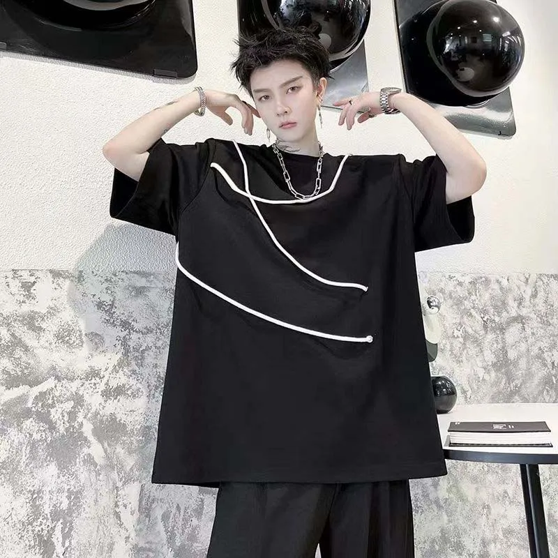 

Summer Abstinence Line Black And White Drawstring Short-sleeved T-shirt Men's Niche Shoulder Pad Design Sense Ruffian Handsome H