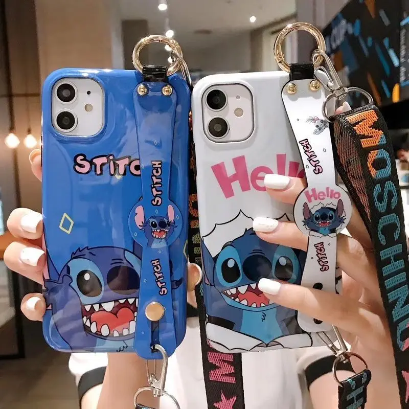 

Cartoon Couple Stitch With Lanyard Phone Cases For iPhone 13 12 11 Pro Max X XR XS MAX 8 7 Plus SE2020 Blue White Cover