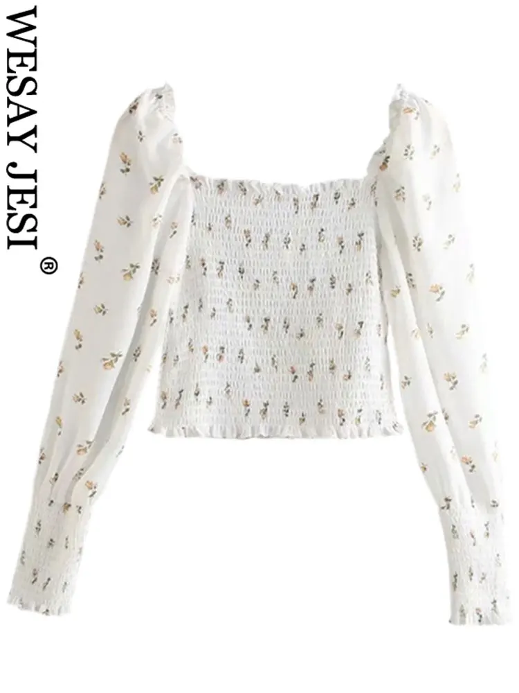 

WESAY JESI модная Свободная Повседневная Блузка с цветочным принтом свежая Белая эластичная женская рубашка с длинным рукавом и воротником с дл...