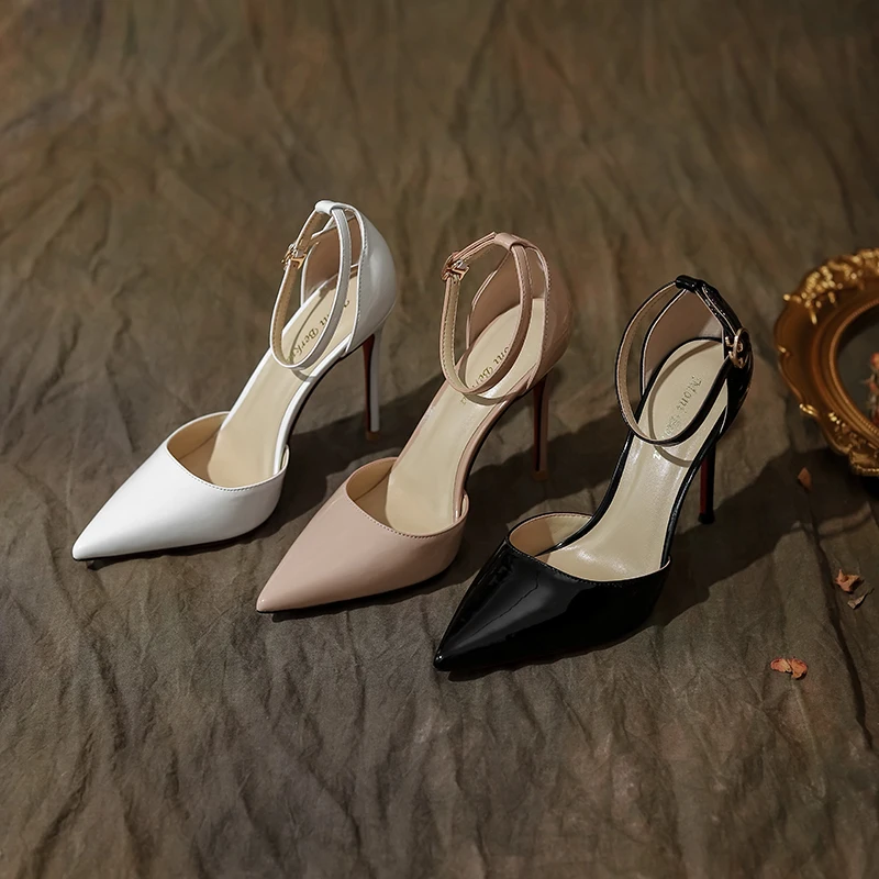 2023 High end New Spring and Autumn Straight Buckle High Heel Women's Thin Heel Sexy Pointed Shallow Cut Open Toe Sandals