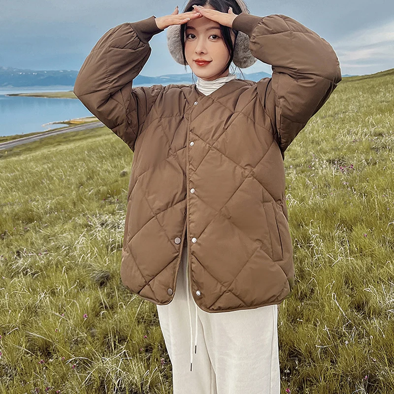 Winter New Rhombus Plaid Cotton Coat Loose Fashion Solid Women's Single Breasted Warm Parka Casual Long Sleeve Fleece Jacket