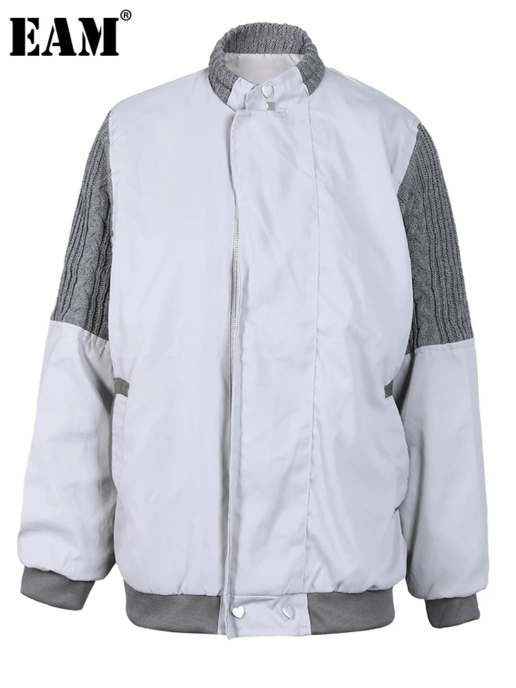 

[EAM] Loose Fit Gray Knittng Big Size Jacket New Stand Collar Long Sleeve Women Coat Fashion Tide Spring Autumn 2023 CP1998